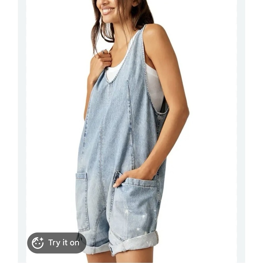 Free People We The Free High Roller Shortall Sz M Light Wash Boho 3" Inseam - Picture 3 of 10